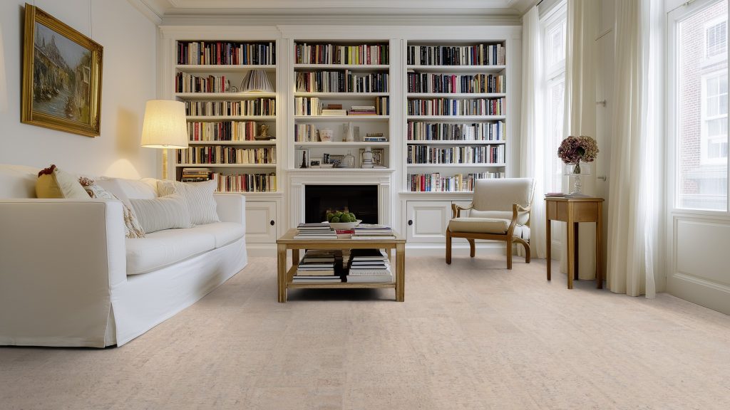 Kamštinės grindys Wicanders Cork Inspire Fashionable Antique White erdvioje svetainėje