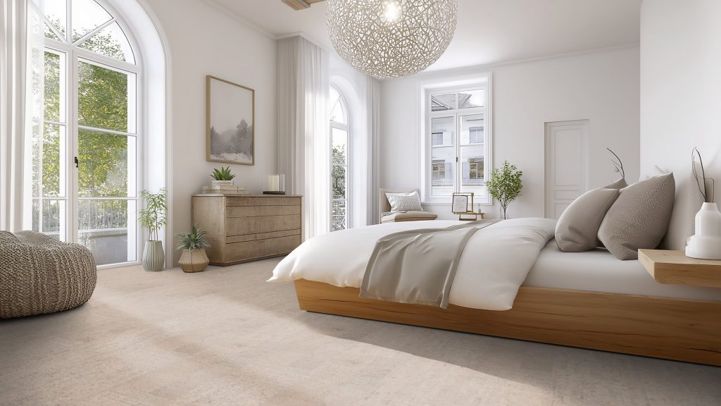 Kamštinės grindys Wicanders Cork Inspire Fashionable Antique White miegamajame